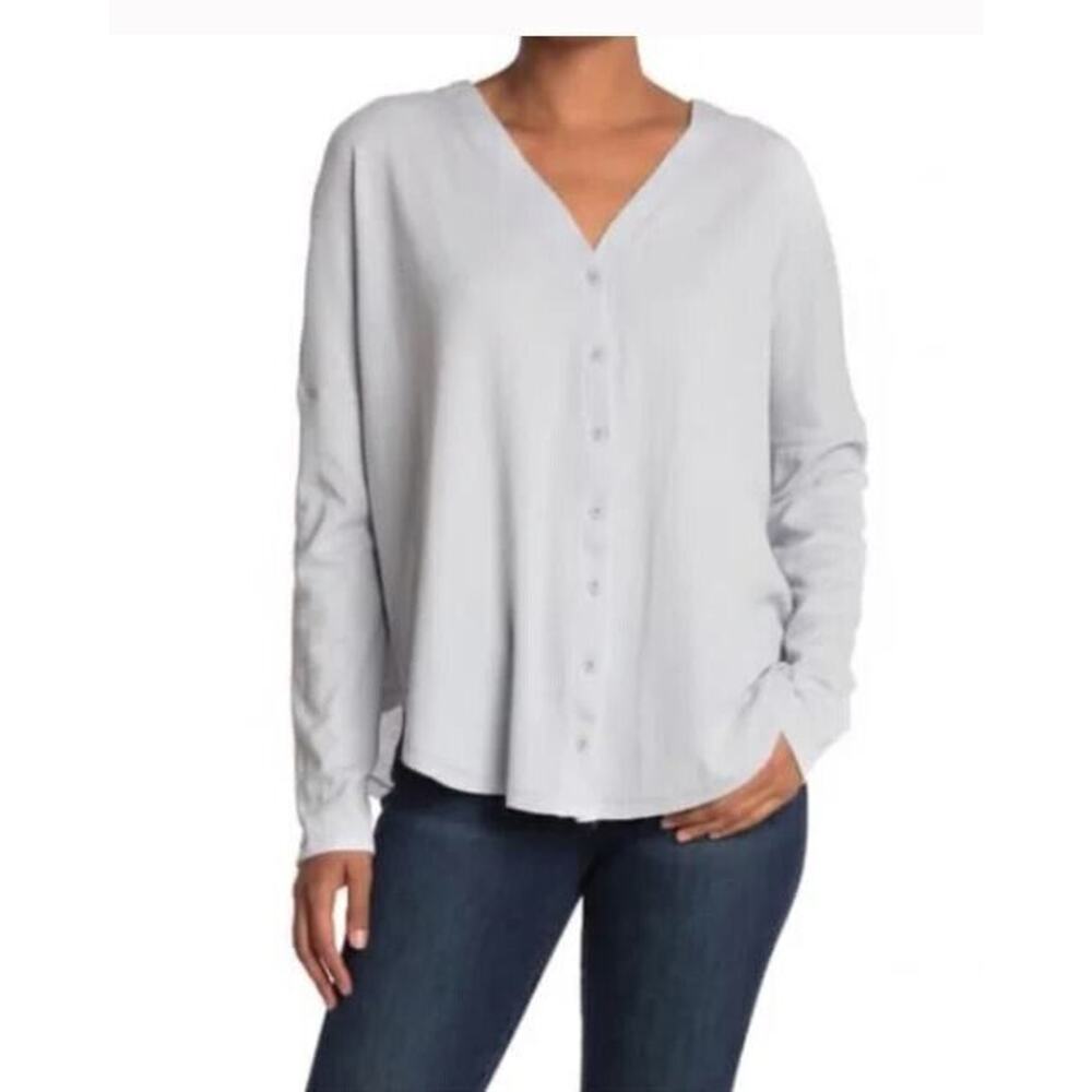 X by Gottex Womens Thermal Button Front Oversized Top in Platinum Small MSRP $66